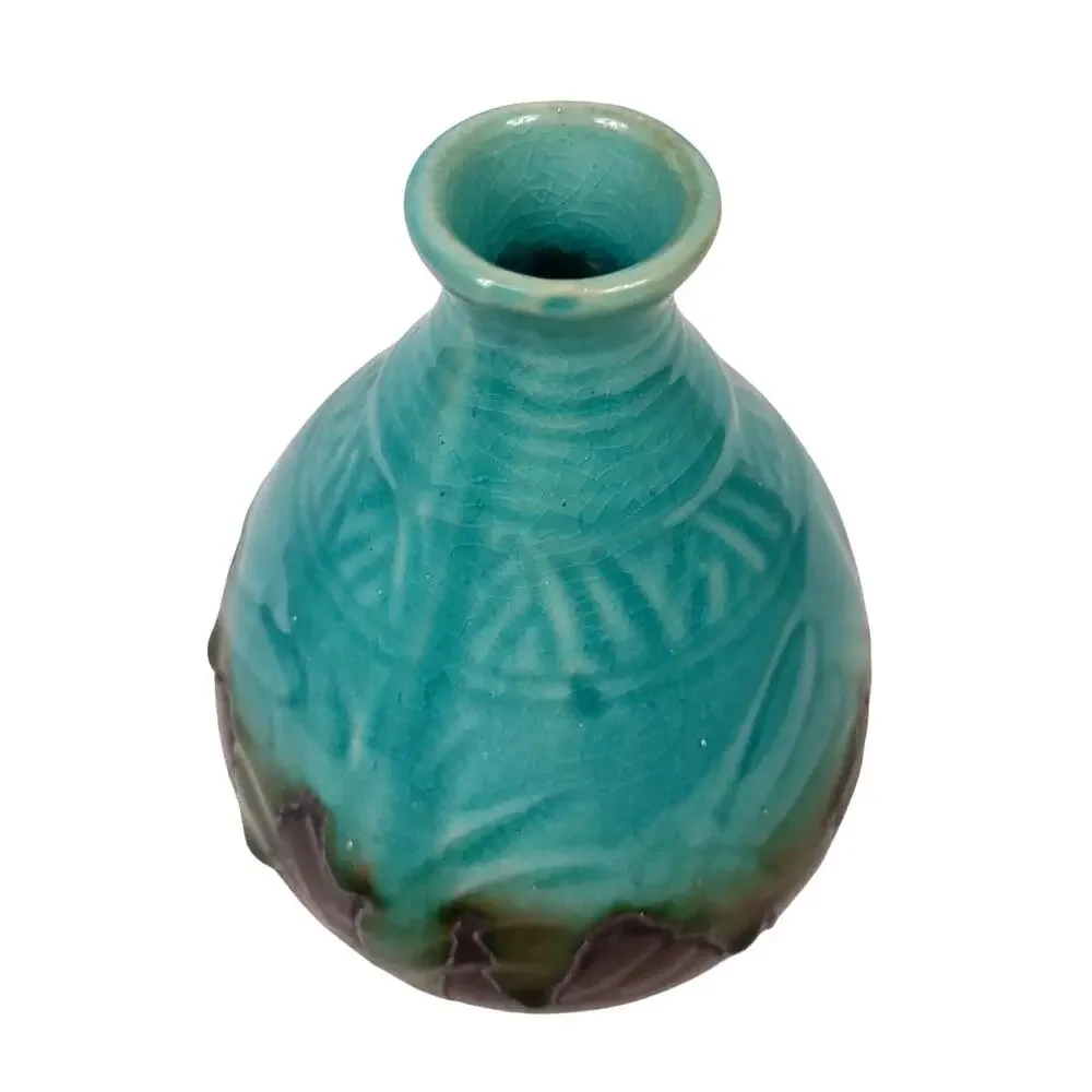 Vintage Art Pottery Drip Glaze Vase w Dragonfly’s Brown Turquoise 71/4” MCM